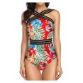 thumbnail image 1 of Women Swimsuits Tropical Floral Stripe Mesh One Piece Swimsuit Fashion,Red,L, 1 of 5