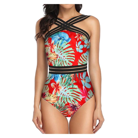 Women Swimsuits Tropical Floral Stripe Mesh One Piece Swimsuit Fashion,Red,L