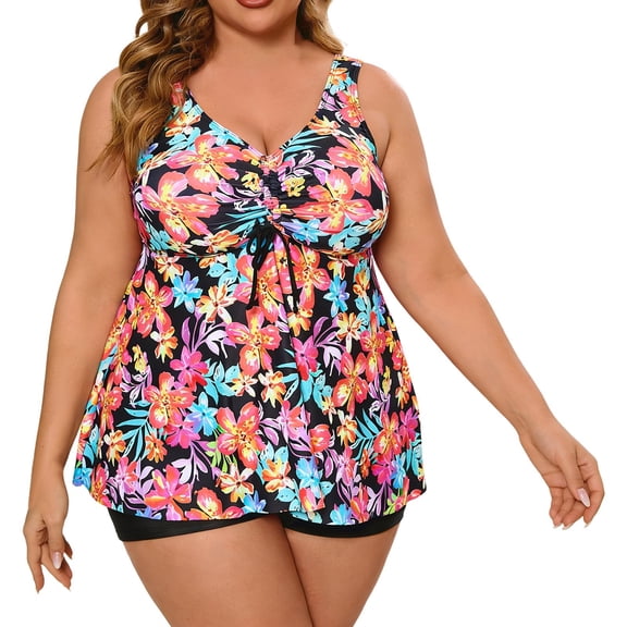 Women Swimsuits Two Piece Plus Size Tankini Swimsuit Floral Tie Dye Print Skirt Cover Up Bathing Suit