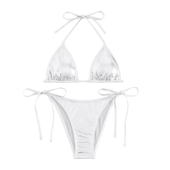 Women Swimsuits Two Piece Summer Bikini Set with Halter Neck Side Ties Beachwear Silver Women Bathing Suits L