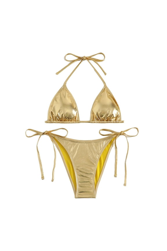 Women Swimsuits Two Piece Summer Bikini Set with Tie Design Gold Foil Decoration Gold Womens Bathing Suits L
