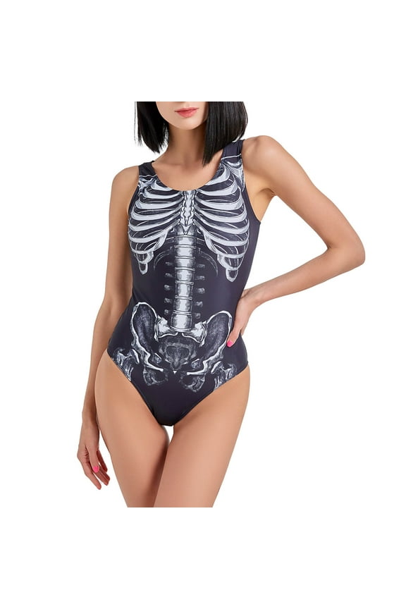 Women Swimsuits for Women Gothic Dark Style White Skeleton Pattern Bathing Suit Tummy Control One-piece Swimwear