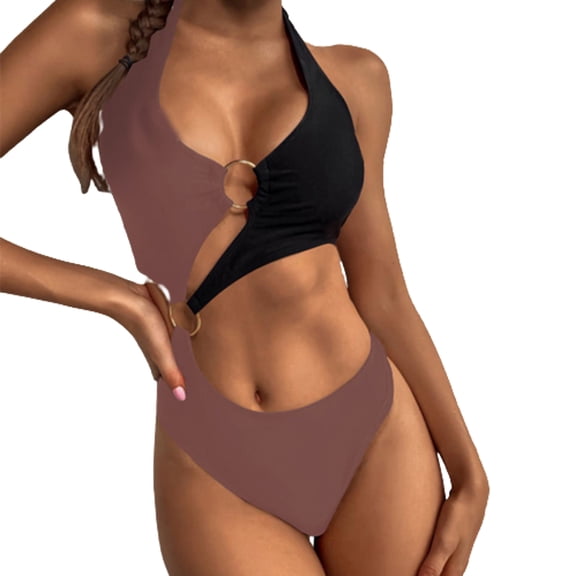 Women Swimwear Black Halter One Piece Swimsuit for Women Slimming Vintage Bikini