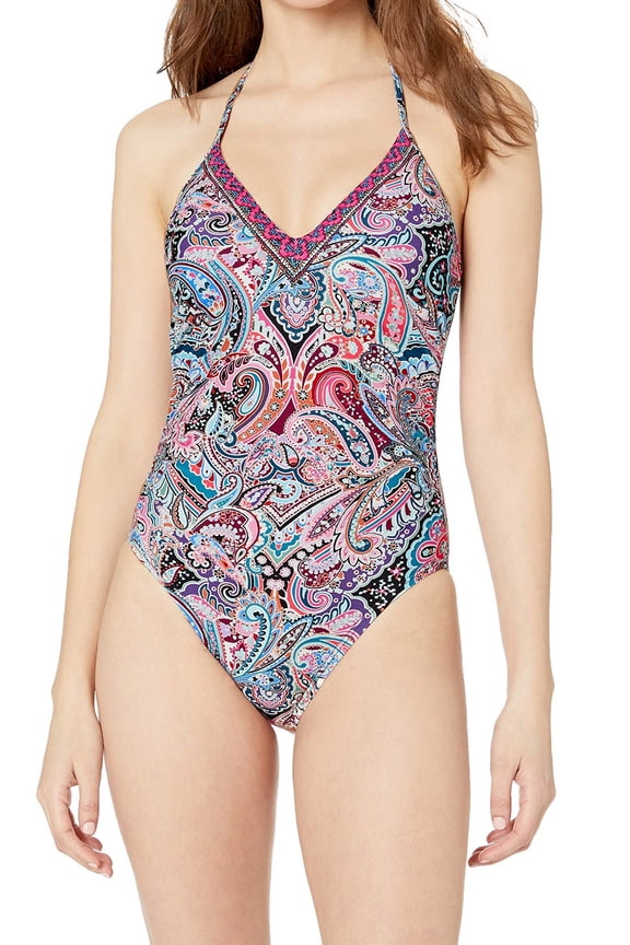 Women Swimwear Blue Paisley Floral Halter Swimsuit 6