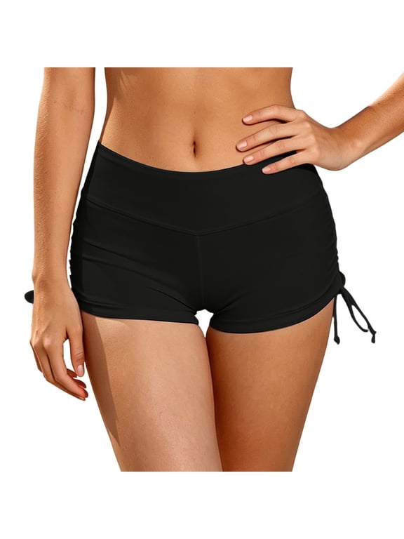 Women Swimwear Bottoms Elastic Waist Swim Shorts Solid Color Low Waist Retro Basic Black,L