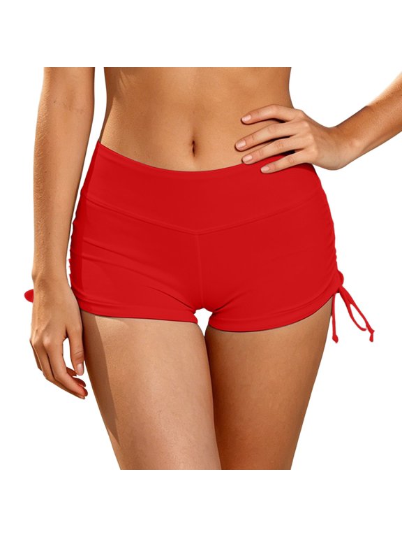 Women Swimwear Bottoms Elastic Waist Swim Shorts Solid Color Low Waist Retro Basic Red,L