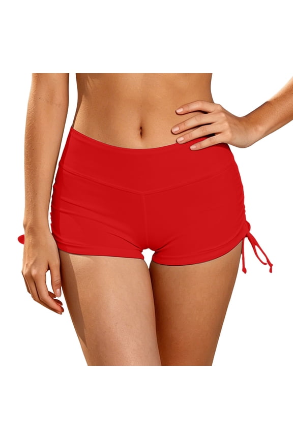 Women Swimwear Bottoms Elastic Waist Swim Shorts Solid Color Low Waist Retro Basic Red,S