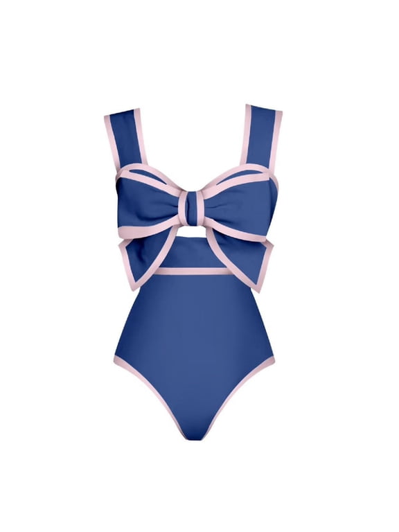 Women Swimwear, Color Block Bow Cutout One Piece Padded Swimsuit with Polka Dot Skirt Bathing Suit for Vacation