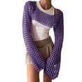 thumbnail image 1 of Women Swimwear Cover-Ups Over Long Sleeve Crochet Shirt Solid Color Bathing Suit Coverup Crop Top Purple,S, 1 of 4