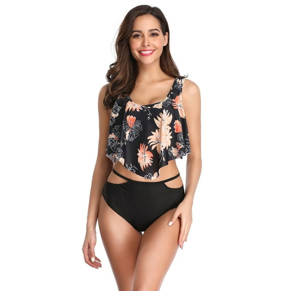 Women Swimwear, Two Piece Bathing Suits Ruffled Flounce Top with High Waisted Bottom Bikini Set (Floral Black, 2XL Size)