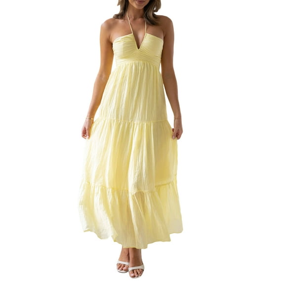 Women Swing Tiered Halter Maxi Dress Sleeveless Spaghetti Strap Bodycon Long Dresses Backless Flowy Party Beach Dress