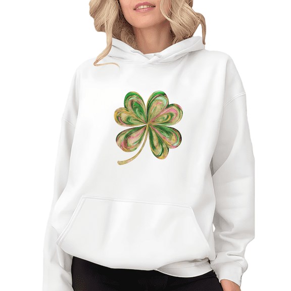 Women Swirl Pattern Clover St Patricks Day Cotton Graphic Hooded Long-Sleeved White S-2XL