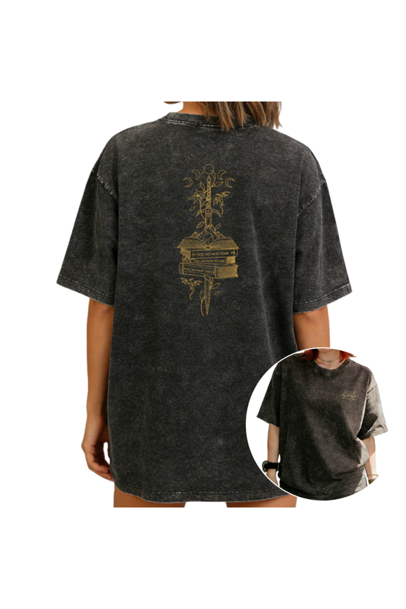 Women Sword Book Moon Phase Back Print Graphic Tees T Shirt Tops Round neck Printed Cotton Washed T Shirt Black S-2XL Plus Size