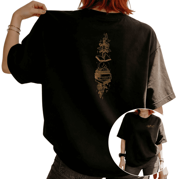 Women Sword Rose Book Stack Moon Gold Line Art Vertical Back Print Graphic Tees T Shirt Tops Round-neck Printed Cotton T-Shirt Black S-5XL
