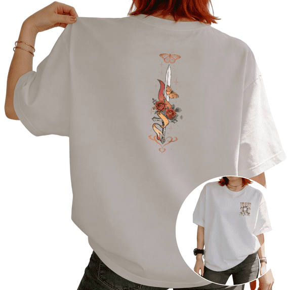 Women Sword Rose Butterfly Red Orange Floral Back Print Graphic Tees T Shirt Tops Round-neck Printed Cotton T-Shirt White S-5XL