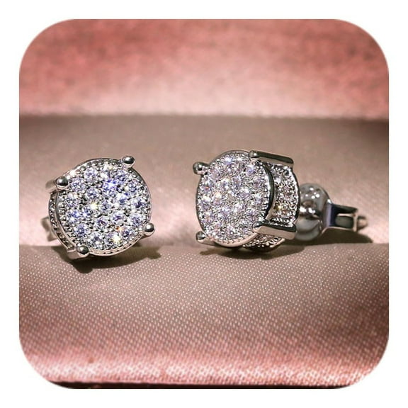 Women Synthetic Diamond Earrings, 18K White Gold Plated Round Square Cubic Zirconia Hypoallergenic Studs Earring