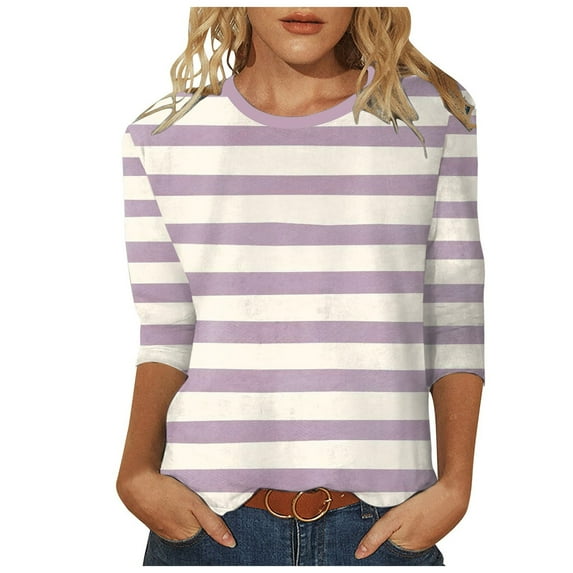 Women T Shirt 3/4 Sleeve Stripes Shirts Casual Crew Neck Tunic Women's Tops Beige L