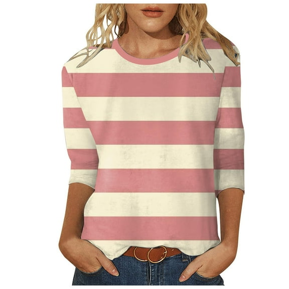 Women T Shirt 3/4 Sleeve Stripes Shirts Casual Crew Neck Tunic Women's Tops Pink L