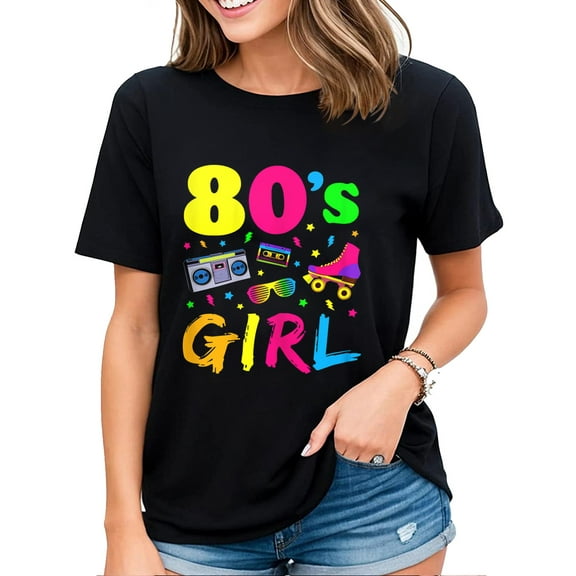 Women T-Shirt 80's Girl Birthday Party Costume Retro Vintage Gift Casual Short Sleeve Tops Black Large