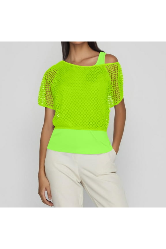 Women T-Shirt Carnival Clothes For 1980S Neon Festival Fishnet Short Sleeve Top For Retro Party And Dance Events Mardi Gras Green XXL