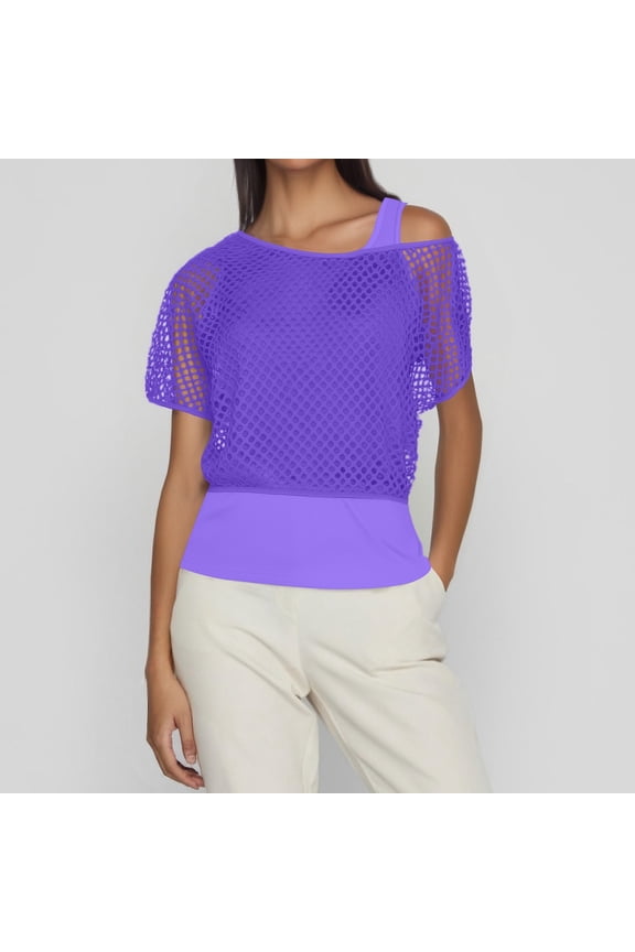 Women T-Shirt Carnival Clothes For 1980S Neon Festival Fishnet Short Sleeve Top For Retro Party And Dance Events Mardi Gras Purple XXL