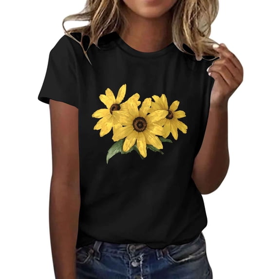 Women T-Shirt Casual Cute Tops Graphic Tee Crew Neck Short Sleeve Sunflower Heart Print Loose Summer Tops Tshirts