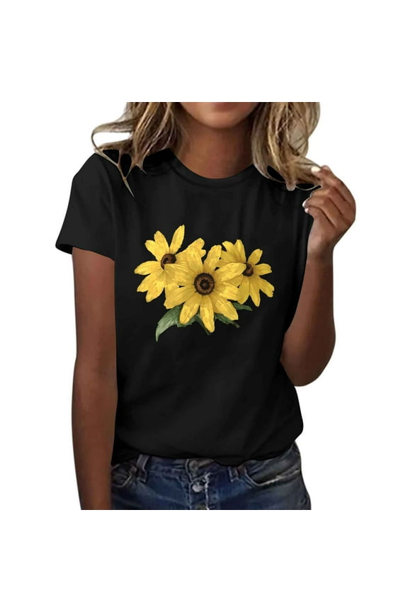 Women T-Shirt Casual Cute Tops Graphic Tee Crew Neck Short Sleeve Sunflower Heart Print Loose Summer Tops Tshirts