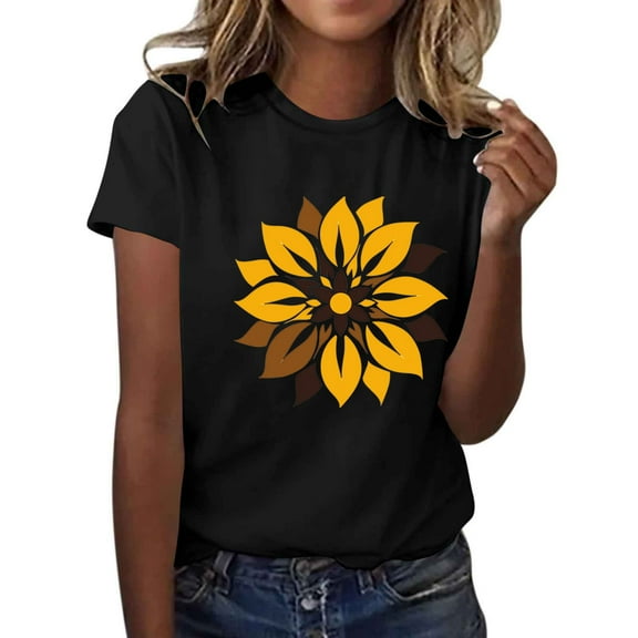 Women T-Shirt Casual Cute Tops Graphic Tee Crews Neck Short Sleeve Sunflower Heart Print Loose Summer Tops Tshirts New, 41-Black, M