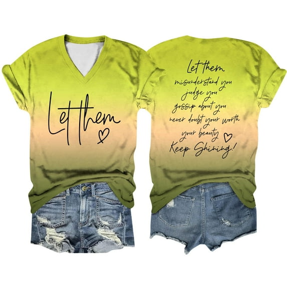 Women T Shirt Casual Double Gradient Print Short Sleeve Letter V Neck Tees Womens Summer Tops Yellow XL