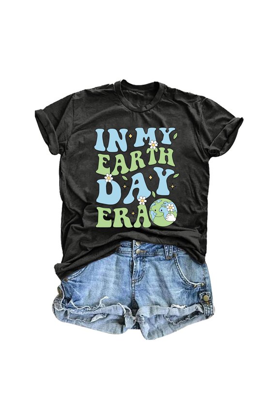 Women T Shirt Casual Printed Round Neck Solid Color Short Sleeved Fashion Clothing Dark Gray L