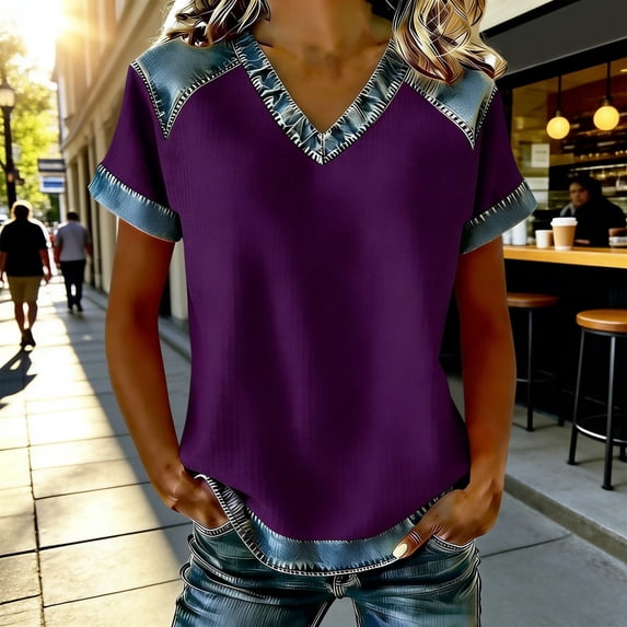 Women T Shirt Casual Short Sleeve T Shirt with Denim Collar Loose Fit V Neck Top Everyday Wear Tops for Women Trendy Purple M