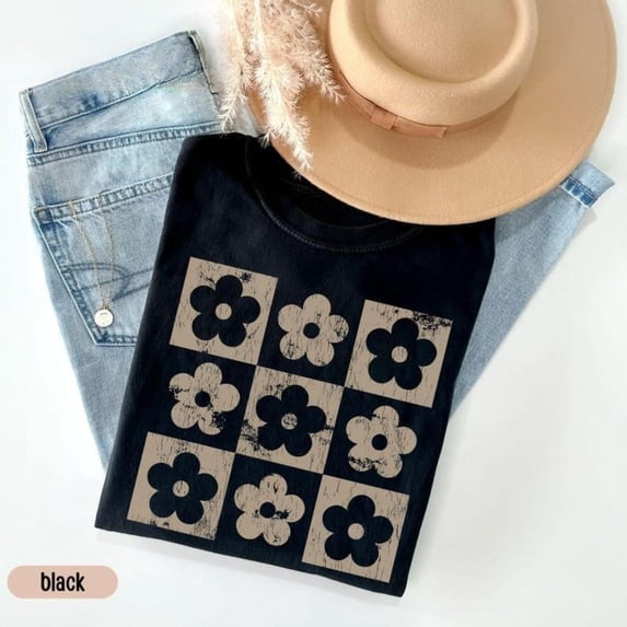 Women T Shirt, Checkered Flowers Graphic Tees,Pattern printing, Soft Comfortable Tops,Crew neck,Retro,cotton,black,S-5XL