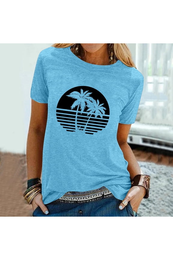 Women T Shirt Crew Neck Short Sleeve Coconut Tree Print Tops for Beach Vacation Women's Tops, Tees Blouses Blue L