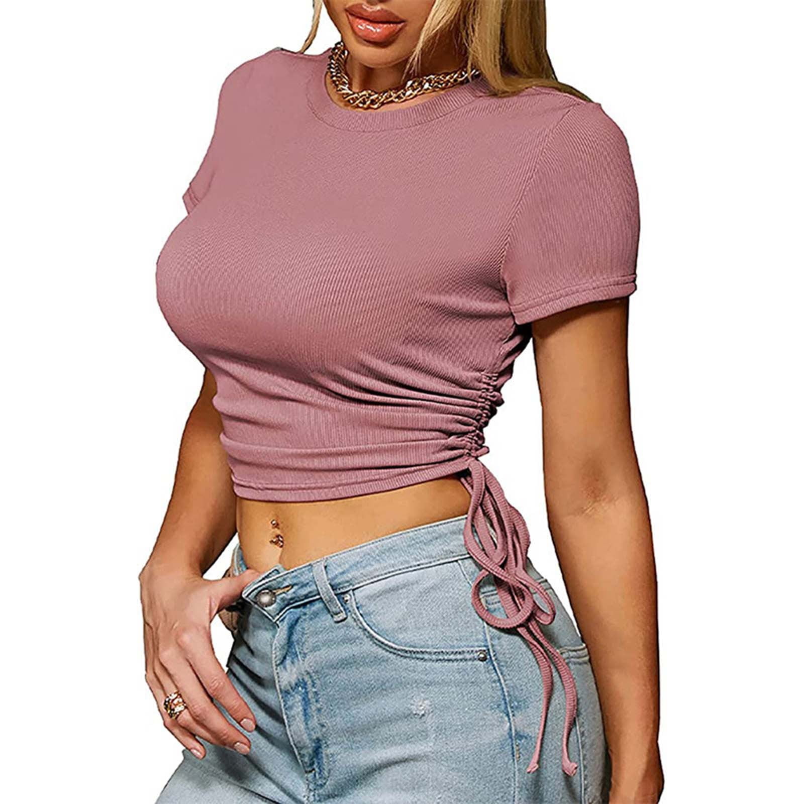 Women T-Shirt Crew Neck Short Sleeve Shirts Solid Color Casual