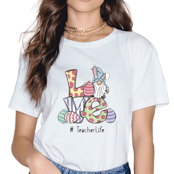 Women T-Shirt Easter Gnome Egg Love Teacher Life Print Short Sleeve Casual Tee Round Neck Tops