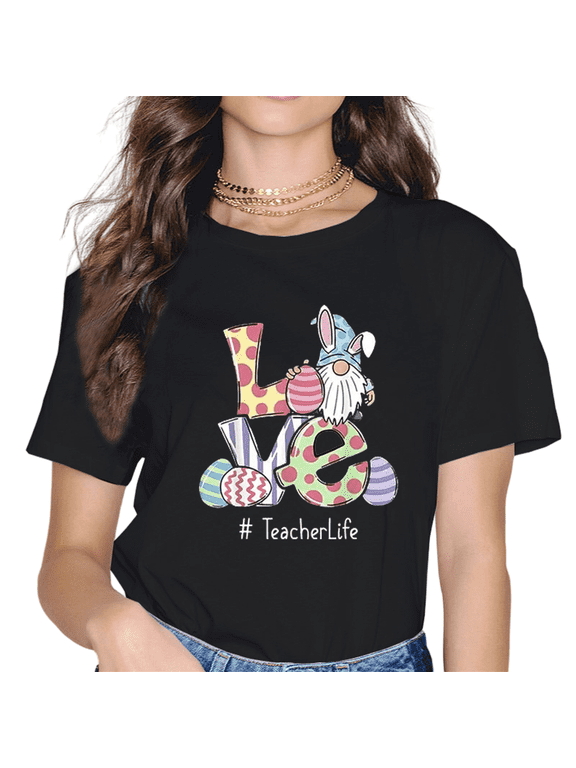 Women T-Shirt Easter Gnome Egg Love Teacher Life Print Short Sleeve Casual Tee Round Neck Tops