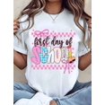 thumbnail image 1 of Women T Shirt First Day Of School Printed Design With Pink Bow And Checkered Pattern Crew Neck Tee, 1 of 6