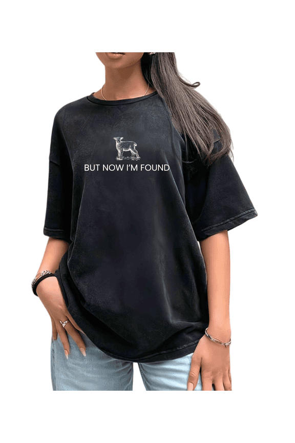 Women T-Shirt Graphic Tees Tops But Now I'm Found Lamb Print Crew Neck Printed Cotton Washed T Shirt Black S-2XL Plus Size