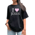 thumbnail image 1 of Women T-Shirt Graphic Tees Tops I Heart Jesus Print Crew Neck Printed Cotton Washed T Shirt Black S-2XL Plus Size, 1 of 5