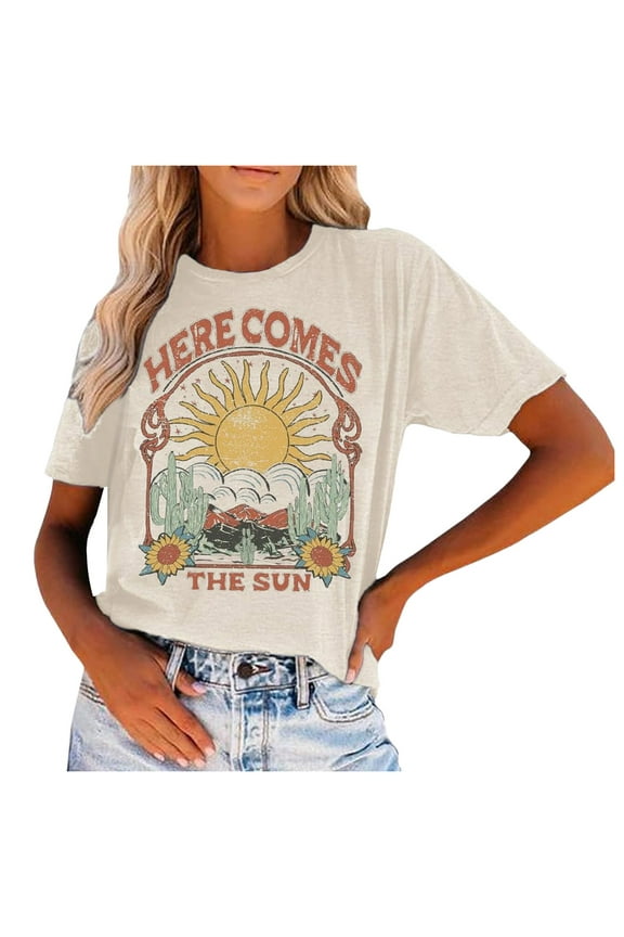 Women T Shirt Here Comes Sun Graphic Tees Retro Vintage Hippie Blouse Short Sleeve Womens Tops Beige L