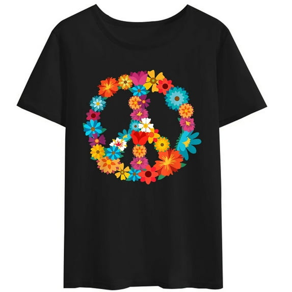 Women T-Shirt Hippie Colorful Flowers Peace Love Shirt 60's 70's T-Shirt Short Sleeve Casual Round Neck T-Shirts