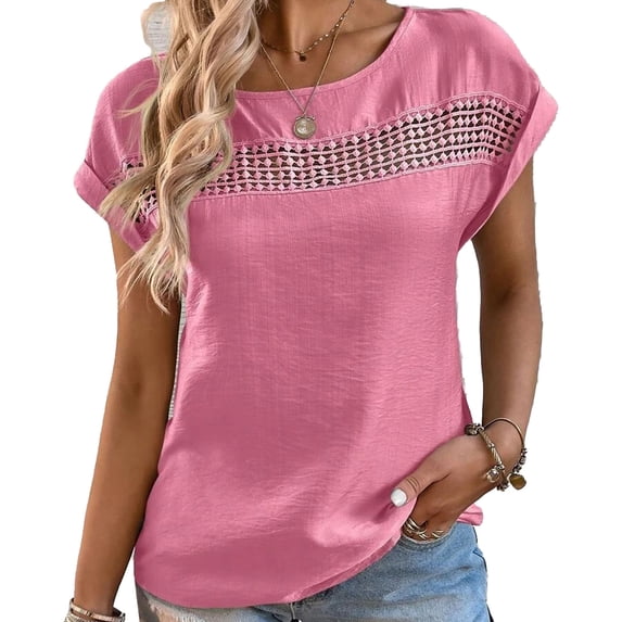Women T Shirt Hollow Out Round Neck Plain Casual Comfortable Short Sleeve Top for Home Daily Leisure Rose Red XXL