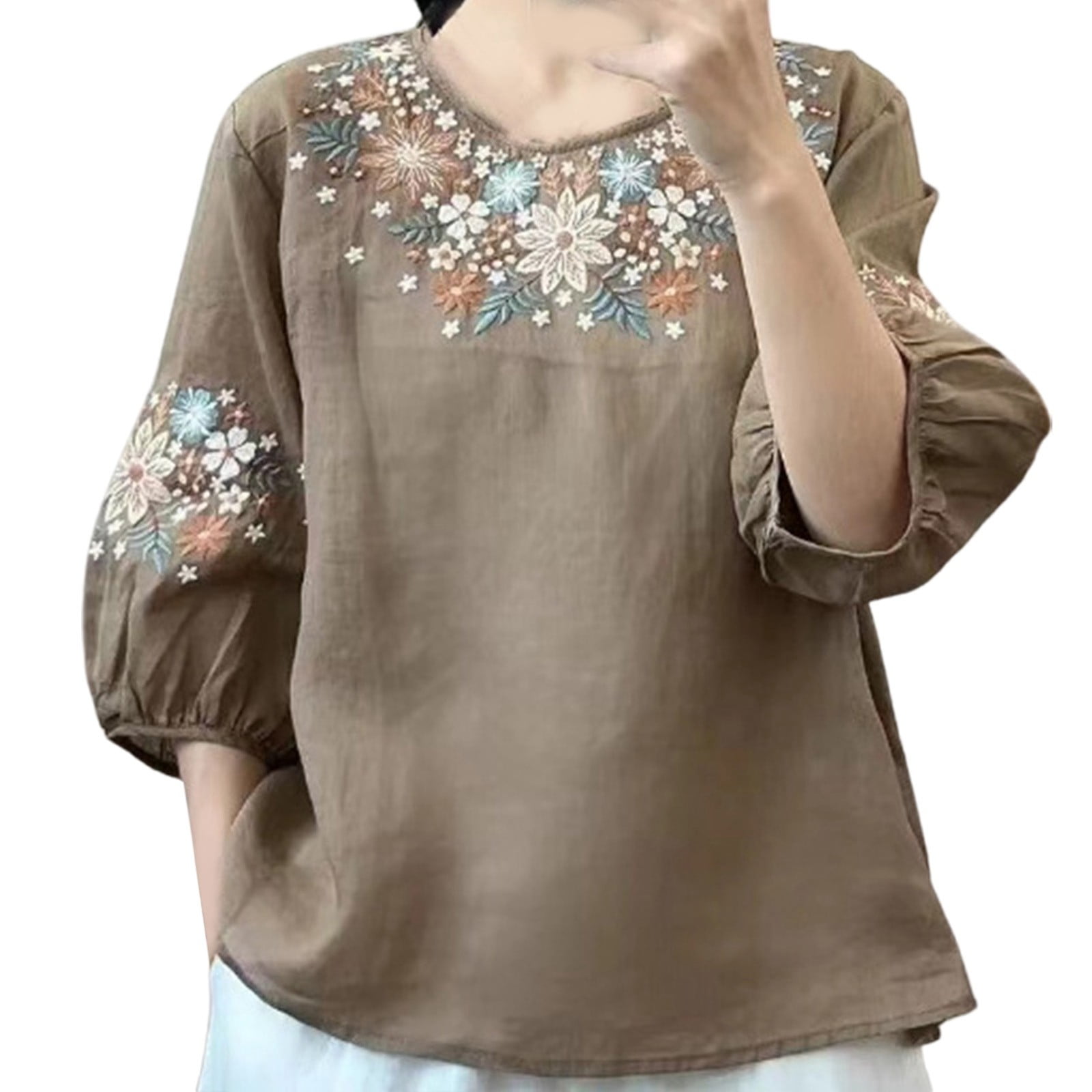 Women T Shirt Linen Blend Half Sleeve Embroidered Looseummer Round Neck ...
