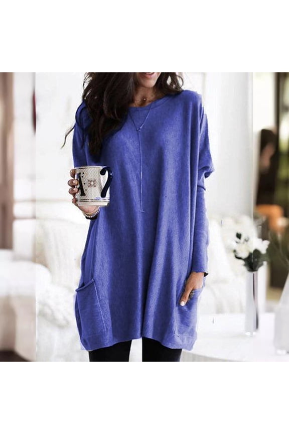 Women T Shirt Long Sleeve Loose Fit Pocket Solid T Shirt Spring Basic Tees for Women Blue M