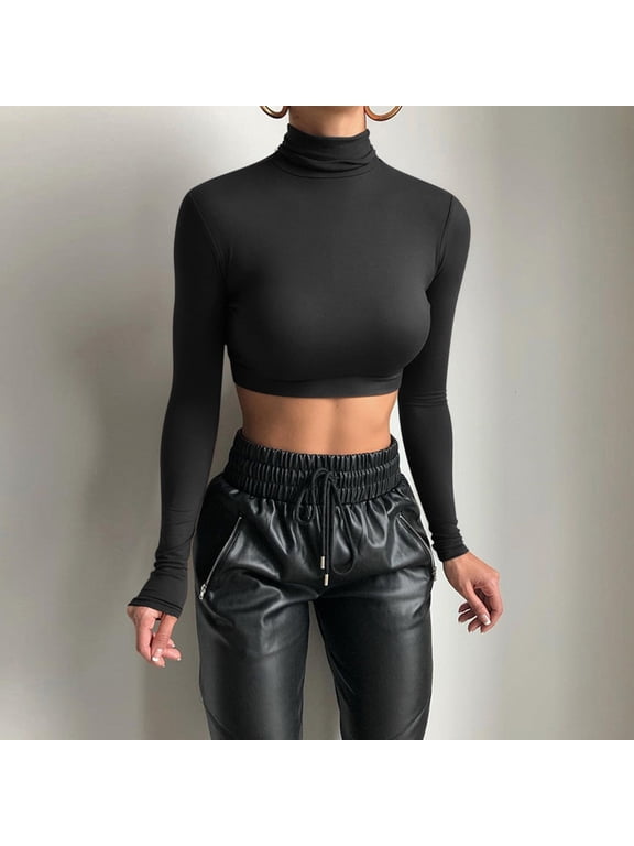 Women T Shirt Long Sleeve Turtleneck Solid Color Crop Top Womens Tees Black L