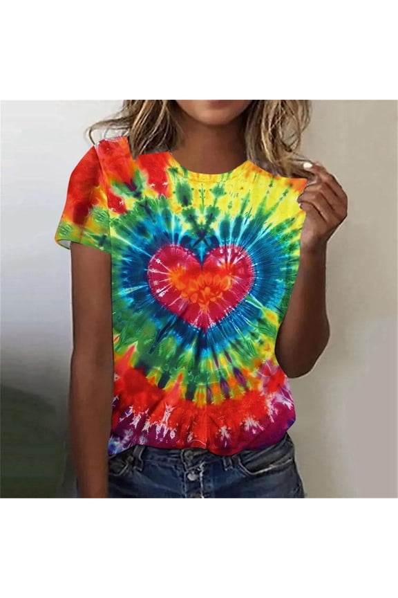 Women T Shirt Rainbow Heart Tie Dye Print Short Sleeve T Shirt Womens Tees Multicolour XL