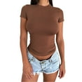 thumbnail image 1 of Women T Shirt Round Neck Slim Fit Pure Color Fashionable Lady Short Sleeve Top for Travel Shopping Work Khaki L, 1 of 7
