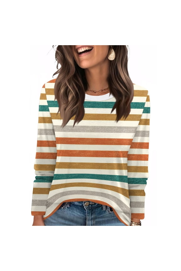 Women T Shirt Round Nenk long Sleeve Casual Striped Print Tees Women Clothes Top Loose Fit