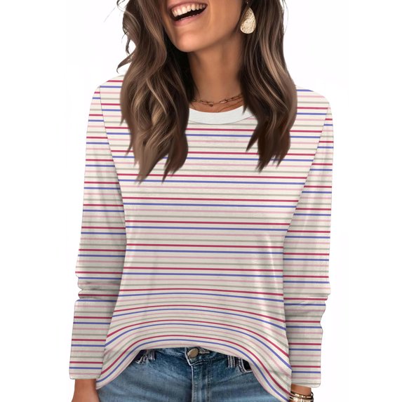 Women T Shirt Round Nenk long Sleeve Casual Striped Print Tees Women Clothes Top Loose Fit