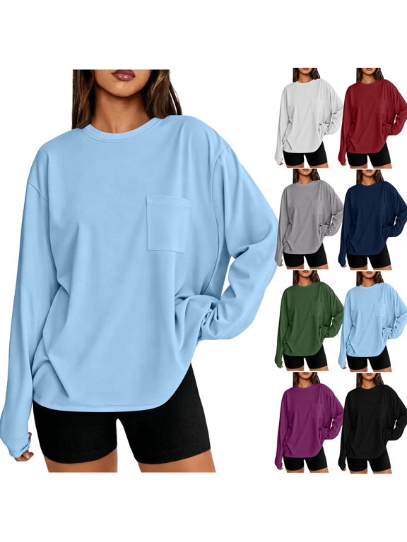 Women T Shirt Sevevn Crew Neck Oversized Fit Soft Breathable Fabric Drop Shoulder Chest Pocket Long Sleeve Curved Hem For Daily Casual Lounging Sport Wear